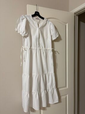 White Puff Sleeve Tiered Midi Dress